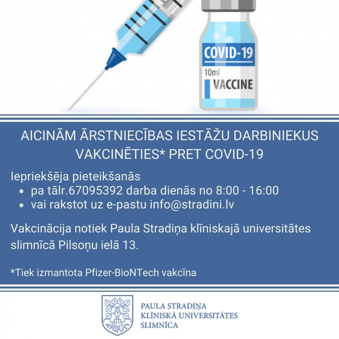 Aicinām ārstniecības iestāžu darbiniekus vakcinēties pret Covid-19