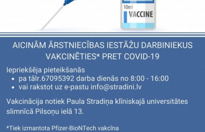 Aicinām ārstniecības iestāžu darbiniekus vakcinēties pret Covid-19
