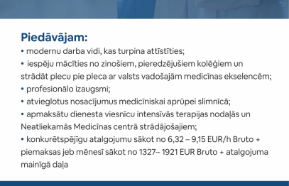 Aicinām komandā MĀSAS darbam dažādās slimnīcas struktūrvienībās