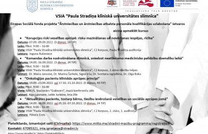 Slimnīca Eiropas Sociālā fonda projekta “Ārstniecības un ārstniecības atbalsta personāla kvalifikācijas uzlabošana” ietvaros aicina apmeklēt kursus