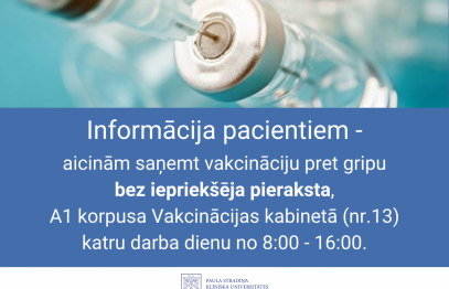 Slimnīca aicina pacientus un apkārtnes iedzīvotājus saņemt vakcināciju pret gripu